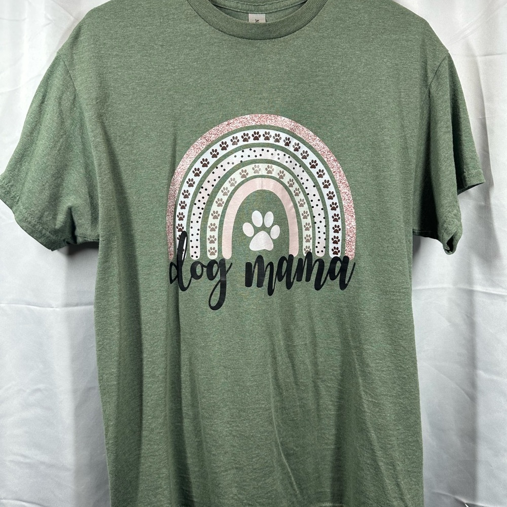 Gildan Sage Green "Dog Mama" T-Shirt with Pink & Cream Paw Rainbow